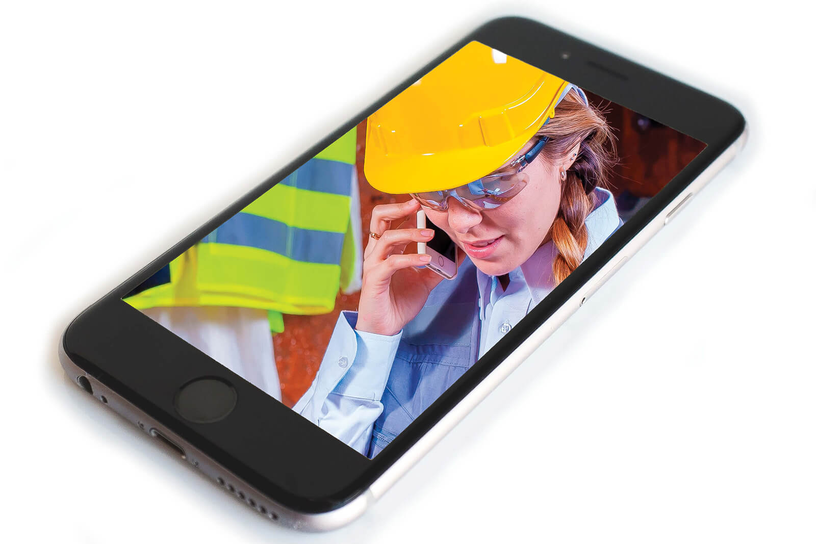 smartphone with image of a woman in a construction hat talking on the phone