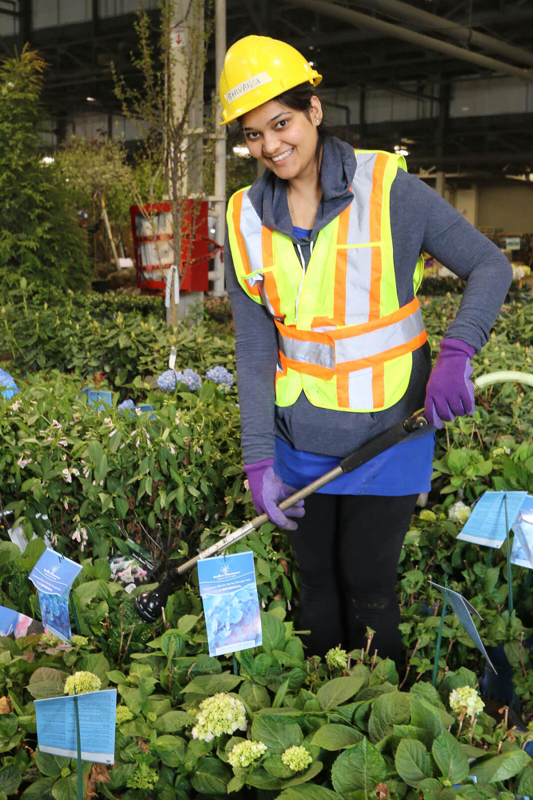 student volunteer watering plants and smiling