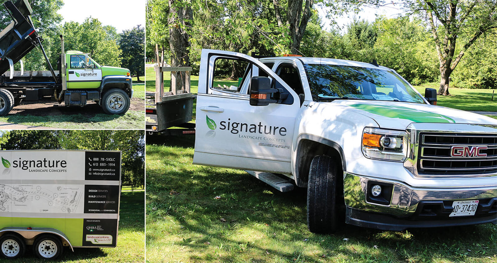 dump truck, trailer and pick up all with company logo