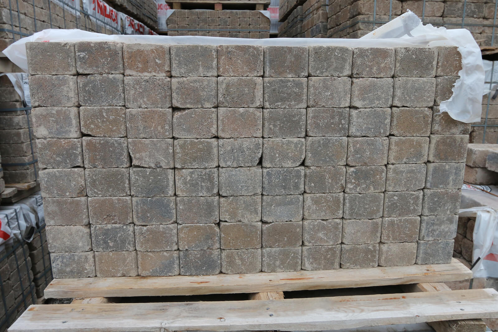 unilock brussels block pavers on a skid