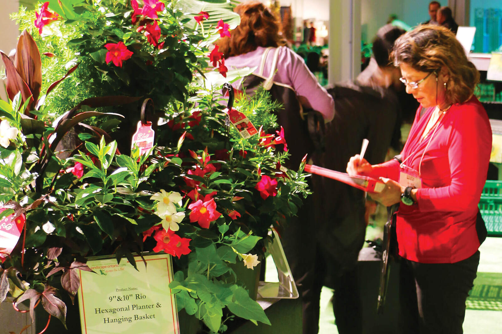 woman looking at a large floral display