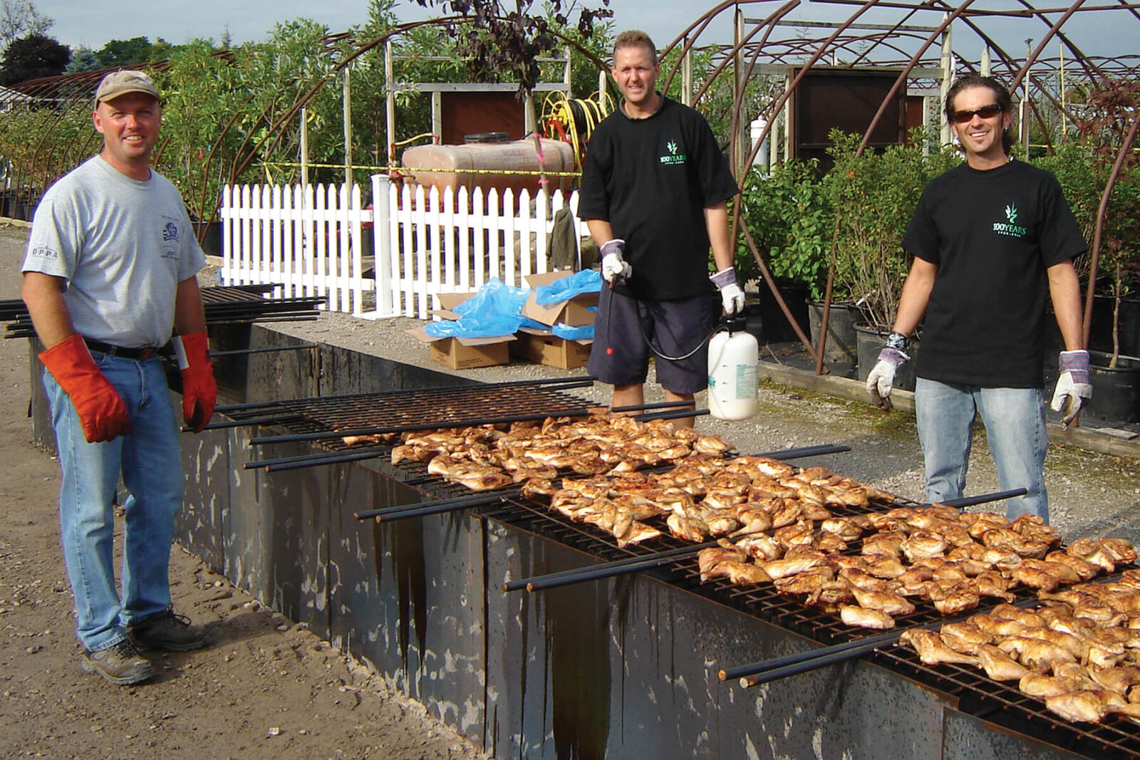 men barbecuing chicken