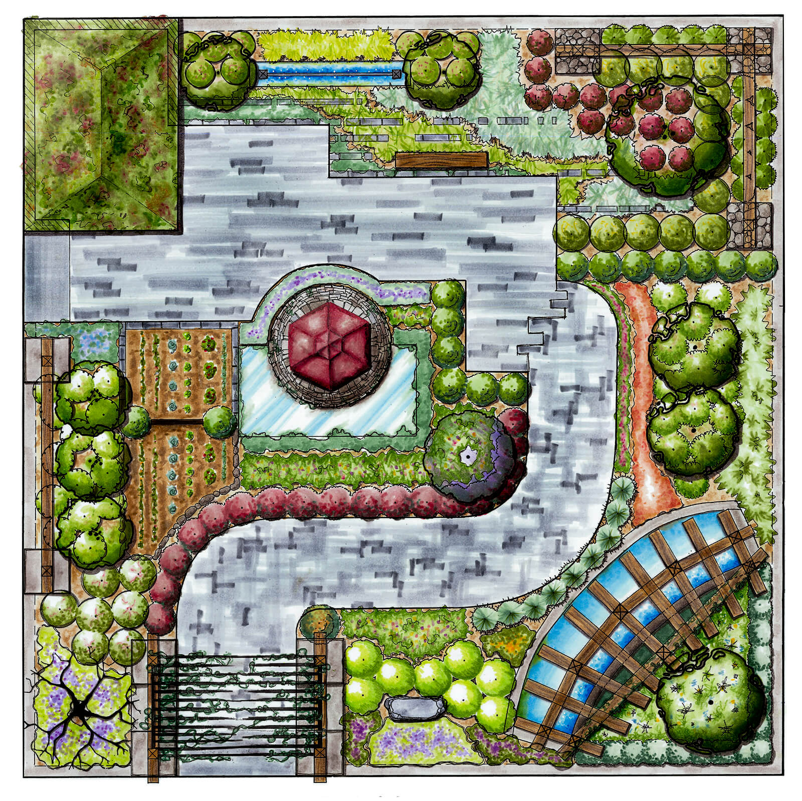 drawing of a feature garden floorplan