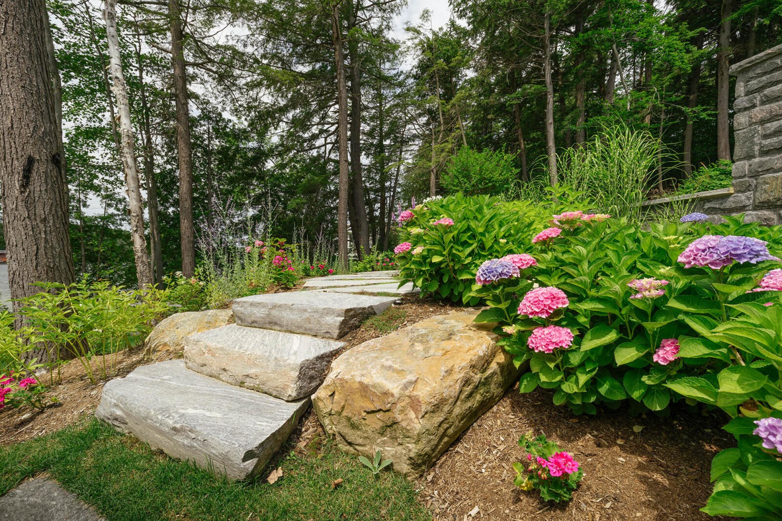 garden with stone steps and colourful plants