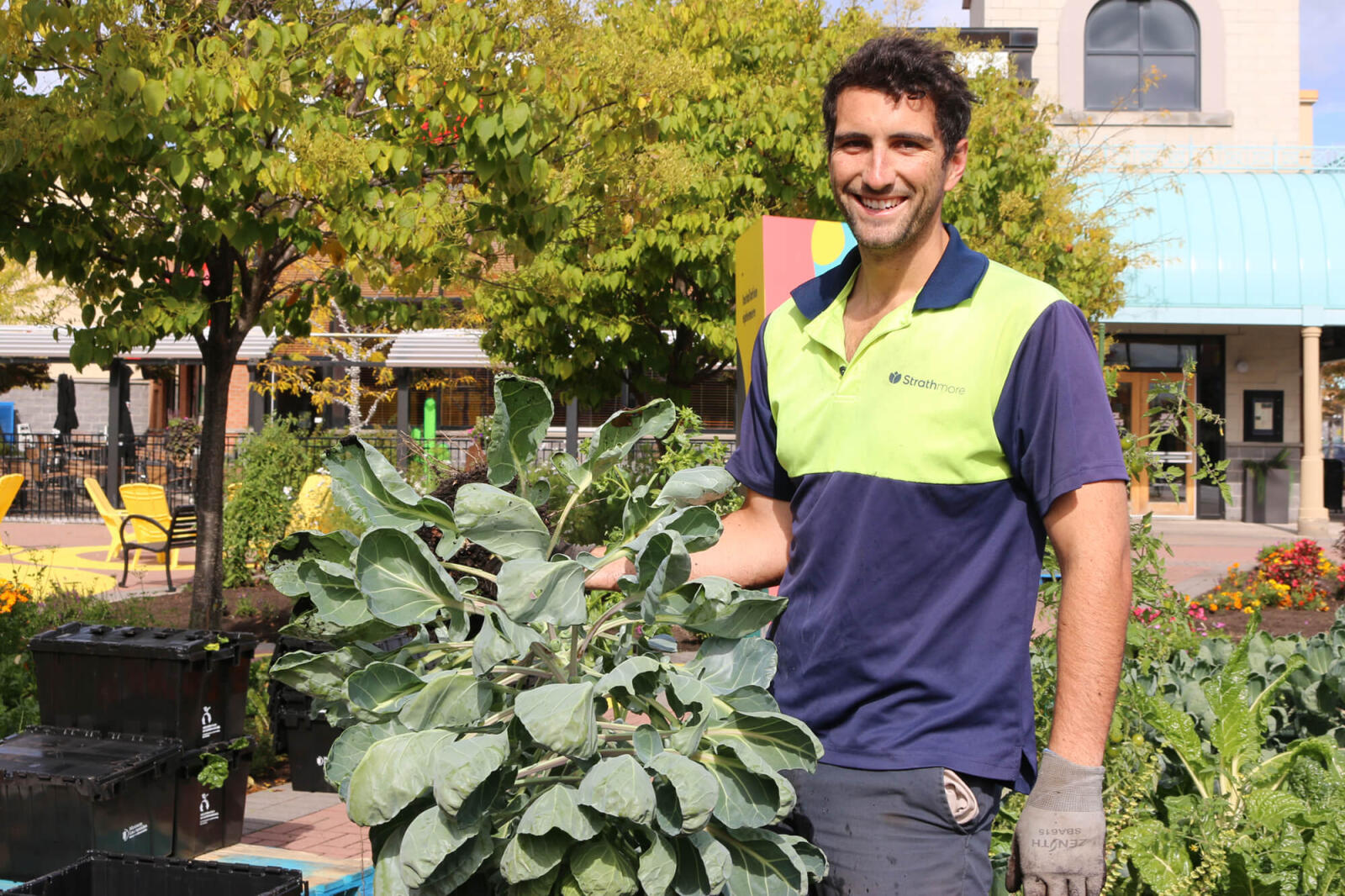 man outside beside a plant