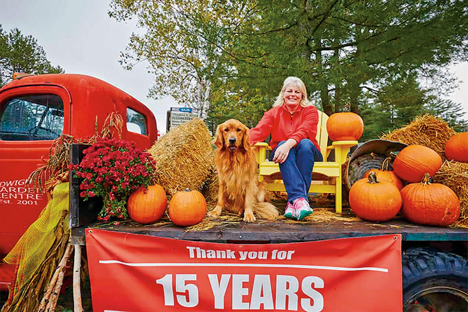 women sitting in the back of a flatbed truck with a dog and pumpkins