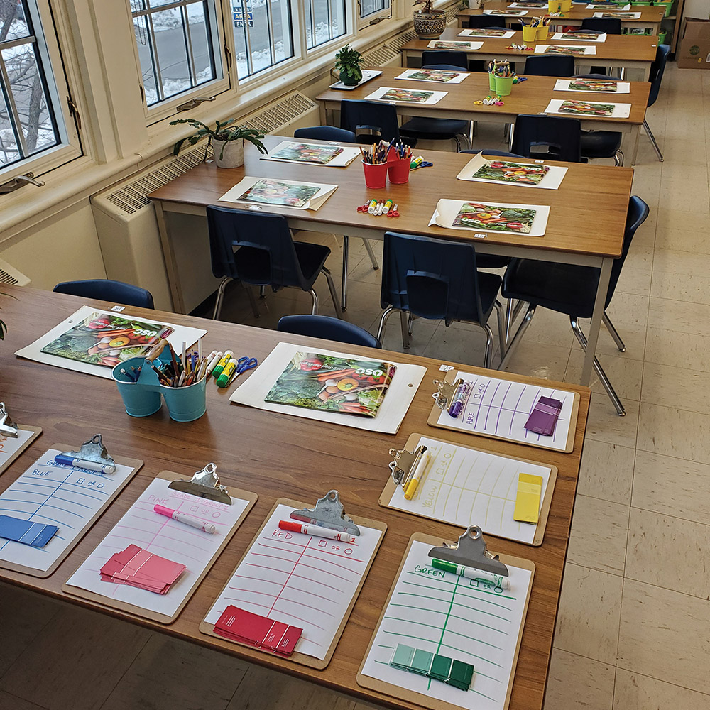 desks in a school classroom