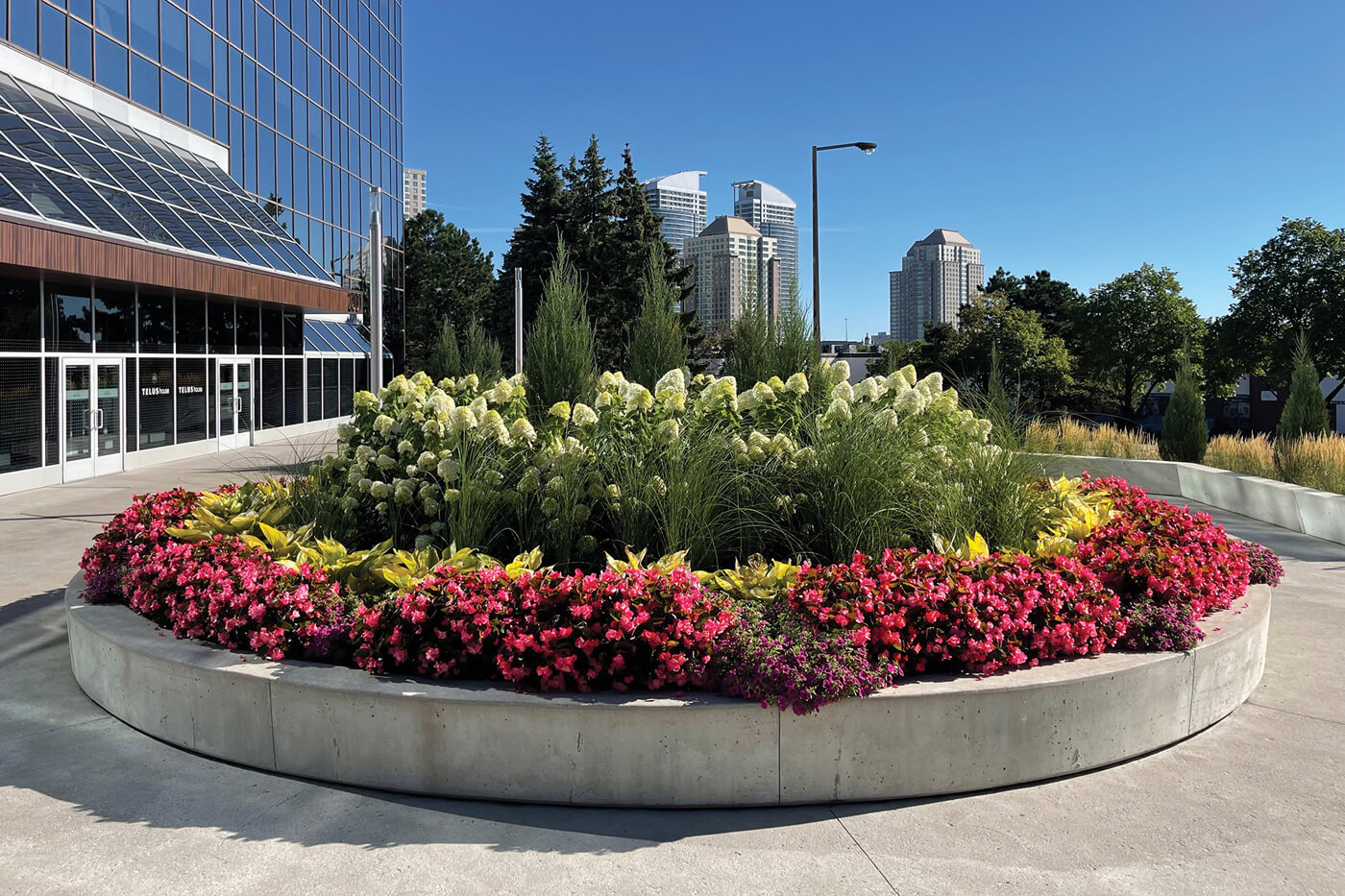 flower display garden outside an office building