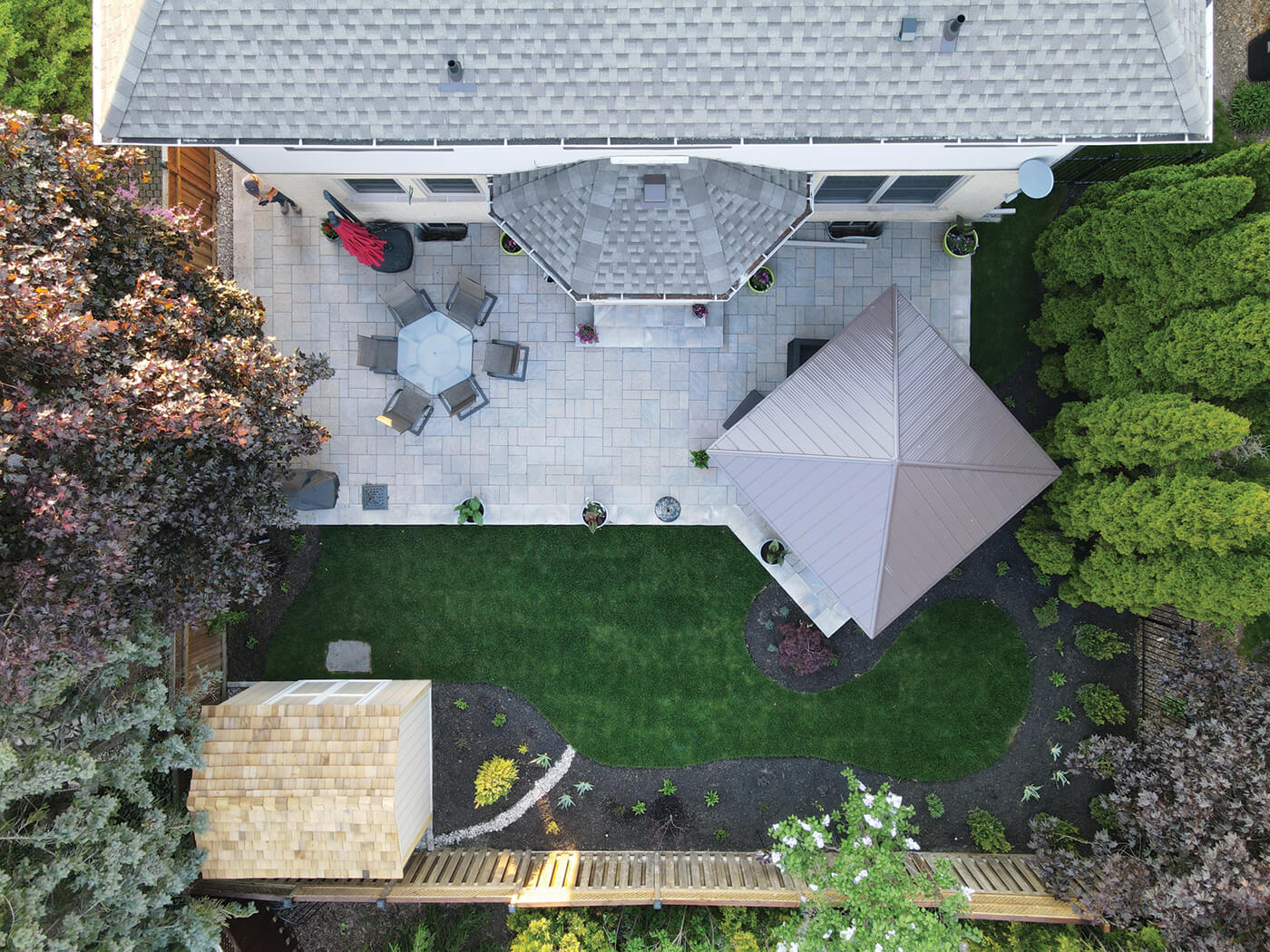 aerial view of a backyard landscape