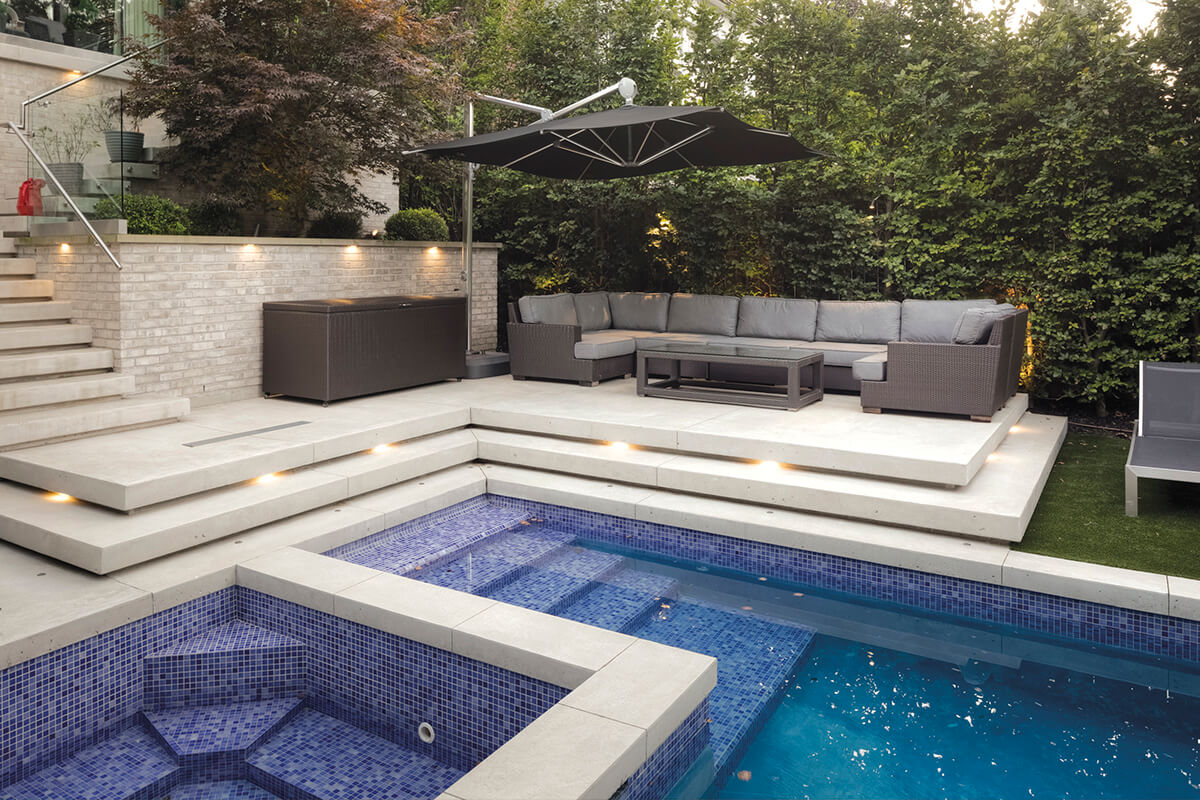 backyard pool and patio area with steps