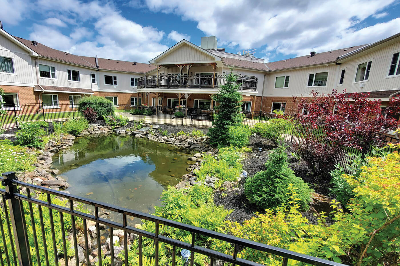a pond outside a building