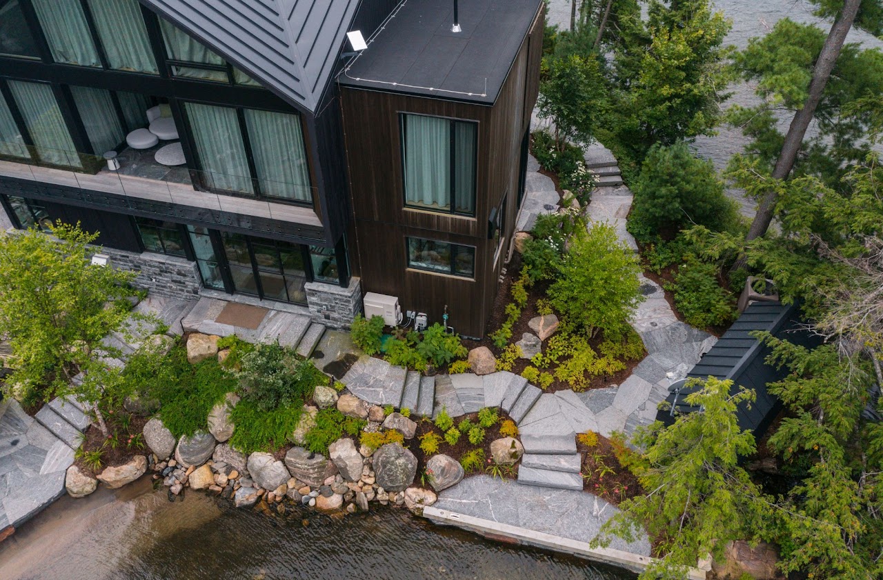 aerial vies of stone steps and plants around a house