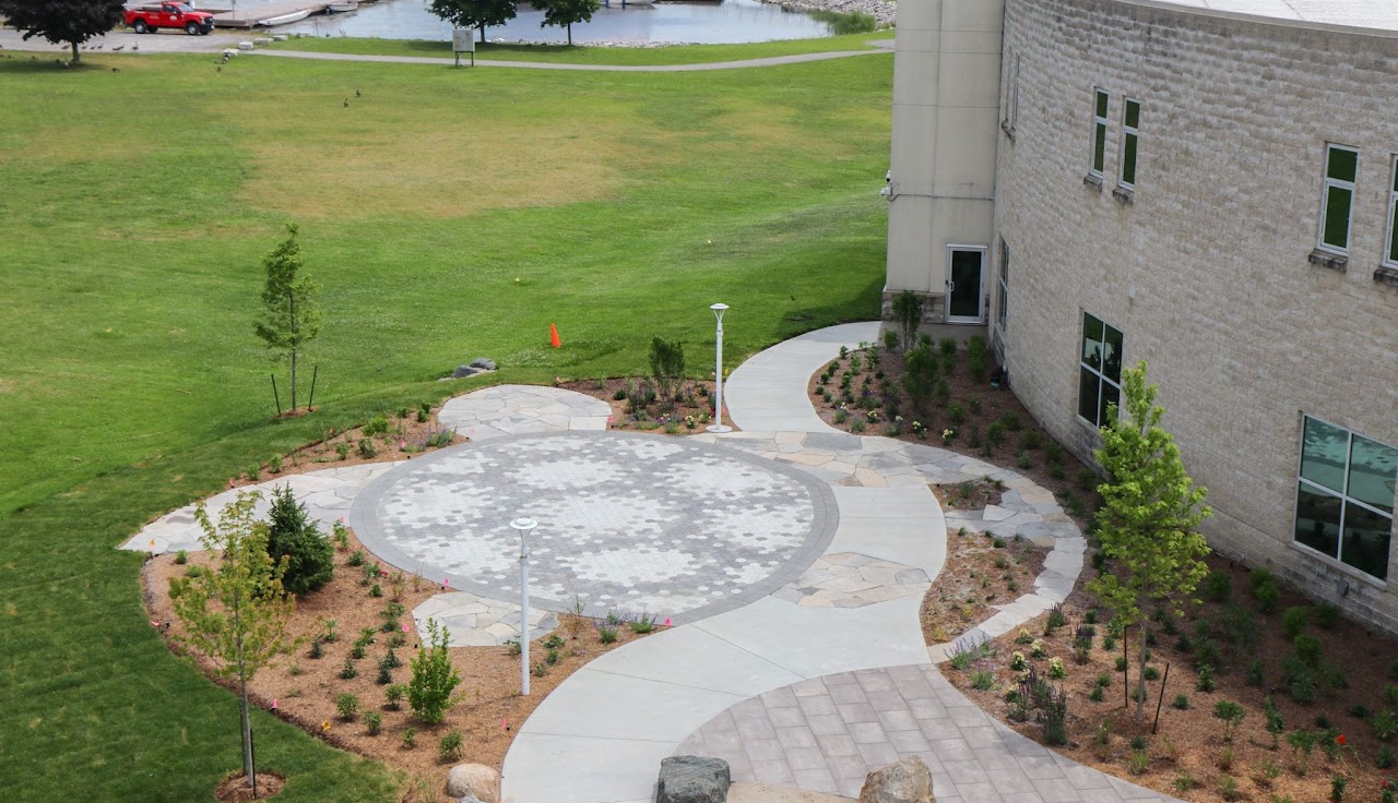 an intricate stone patio from above