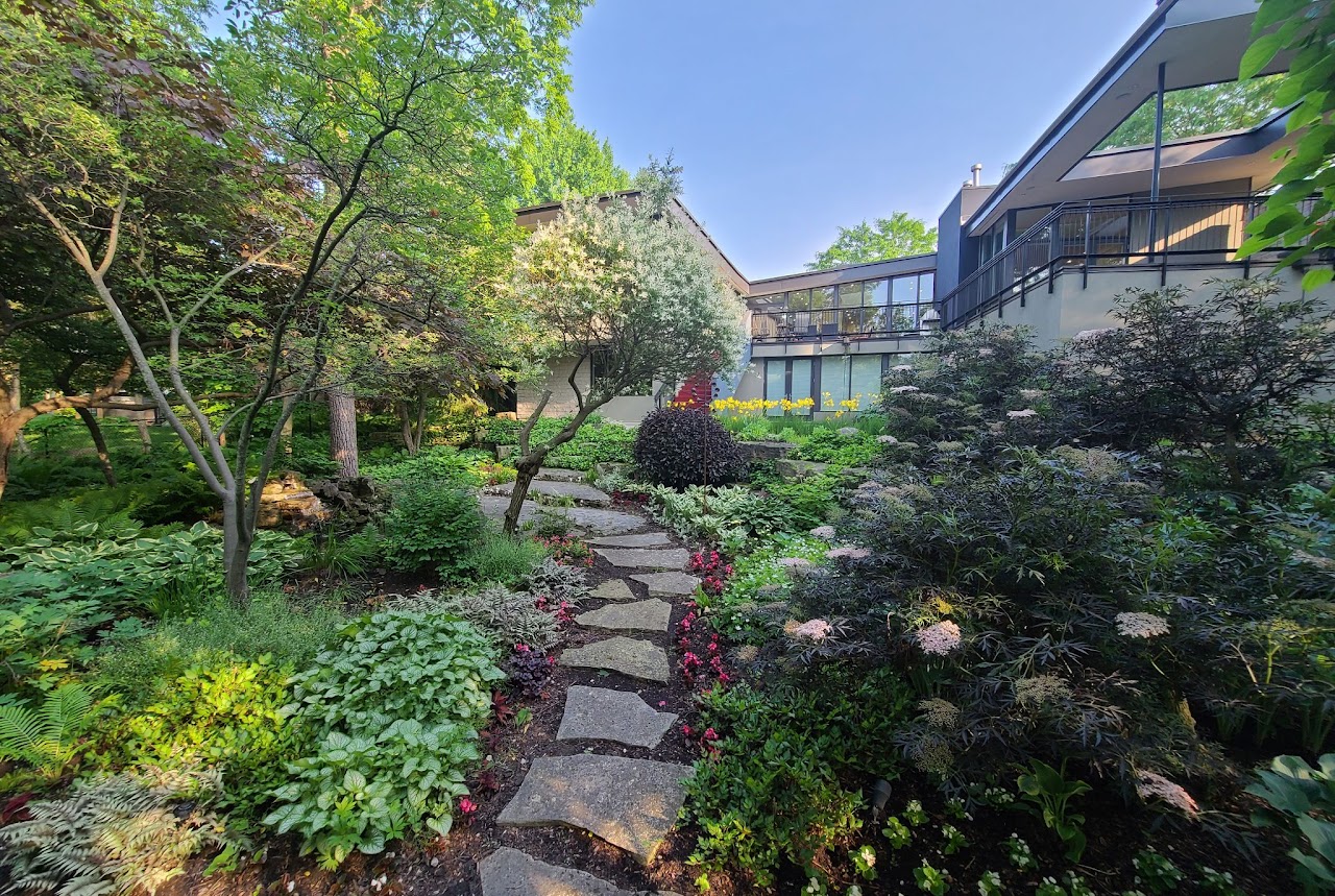a stone path leading through a garden