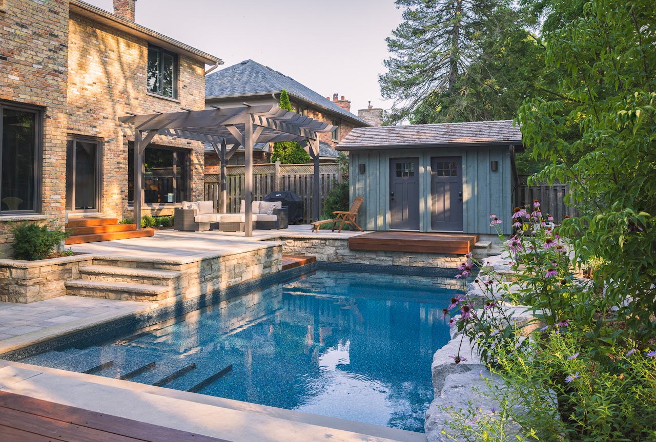 a backyard pool with cabana