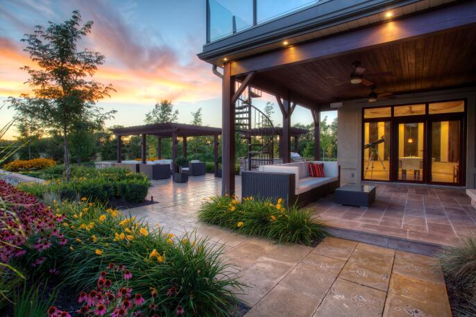Backyard with pool and plants