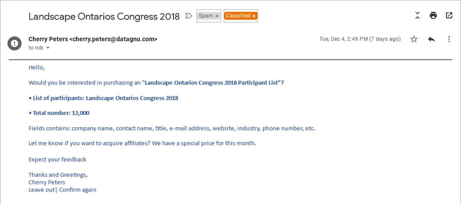 Email messages offering Congress lists are not from Landscape Ontario