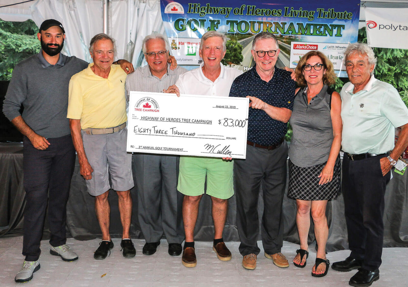 Left to right: Corporal Nick Kerr, Michael de Pencier, Tony DiGiovanni, Mark Cullen, Jim Clubine, Kim Rudd, Bill Cansfield, at the Port Hope Golf and Country Club.