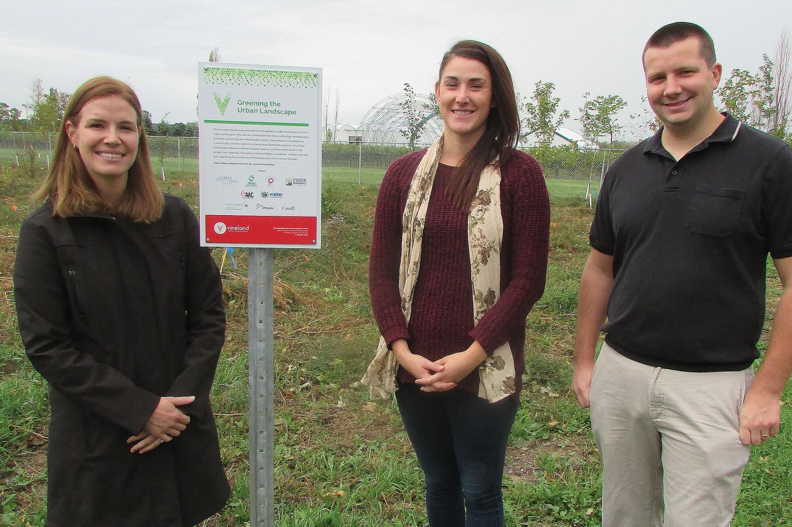 Dr. Darby McGrath, Vineland’s Research Scientist, Nursery and Landscape, is joined by her assistants with the highway trees project, Erin Agro, Research Technician, Horticultural Production Systems, and Jason Henry, Research Technician, Nursery and Landscape.