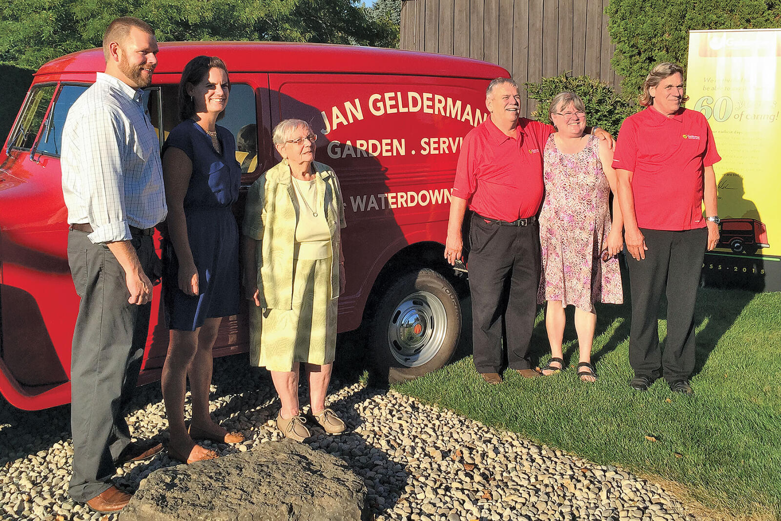 Employees, suppliers, officials and industry associates came together on a lovely Sept. 17 to celebrate Gelderman Landscape Services’ 60th anniversary, at the company’s Waterdown headquarters. Pictured, from left, are Nathan and Michelle Helder, and Ali, Hank, Jacoba and Harry Gelderman. During his remarks, president Nathan Helder gave credit for the success GLS and its families have enjoyed where credit belongs: to the Almighty.