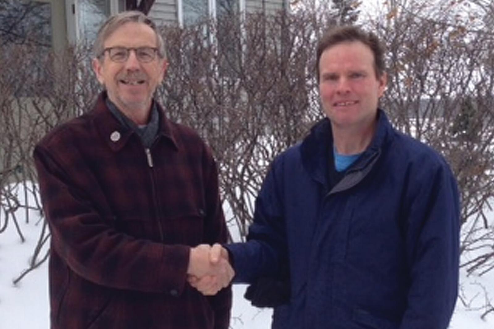 Richard Rogers welcomes new owner of R.J. Rogers Landscaping, Geoffrey Pratt.