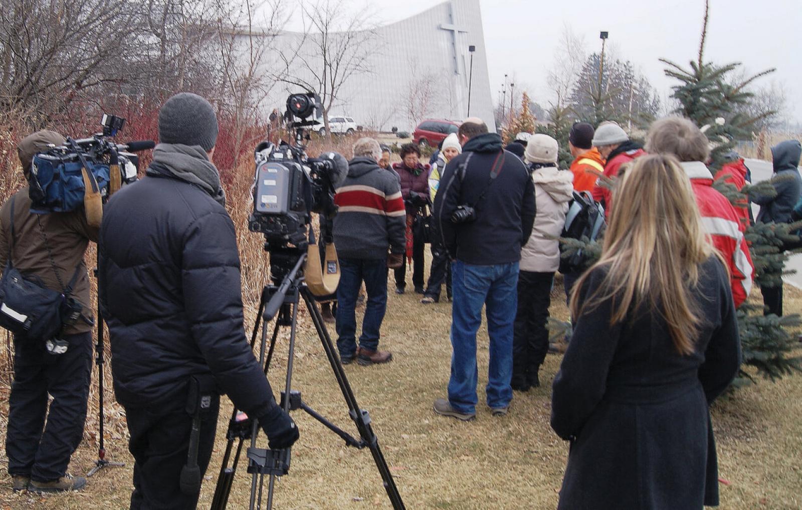 Media, politicians and many others gathered at the Chinese Baptist Church in Scarborough for the ceremony and cutting process to begin the Vimy Oaks project.