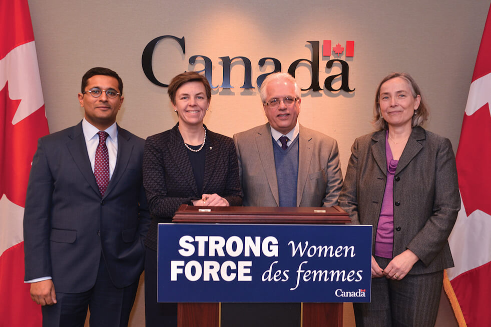 From left, following the minister’s announcement, are Abhimanyu Verma, volunteer chair for Microskills, Dr. K. Kellie Leitch, Tony DiGiovanni and Jane Wilson, project coordinator at Microskills.