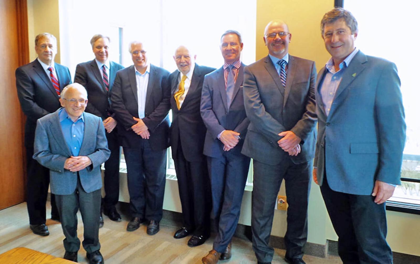 Left to right: Gary Lacy, Executive Director NCC; John Cary, Chief Executive MLF; Dr. Mark Kristmanson, Chief Executive Officer NCC; Tony DiGiovanni, Executive Director Landscape Ontario; Ken Jewett, founder MLF; James Jewett, Director MLF; Marc Corriveau, Director Urban Lands and Transportation; Mike Rosen, President Tree Canada.
