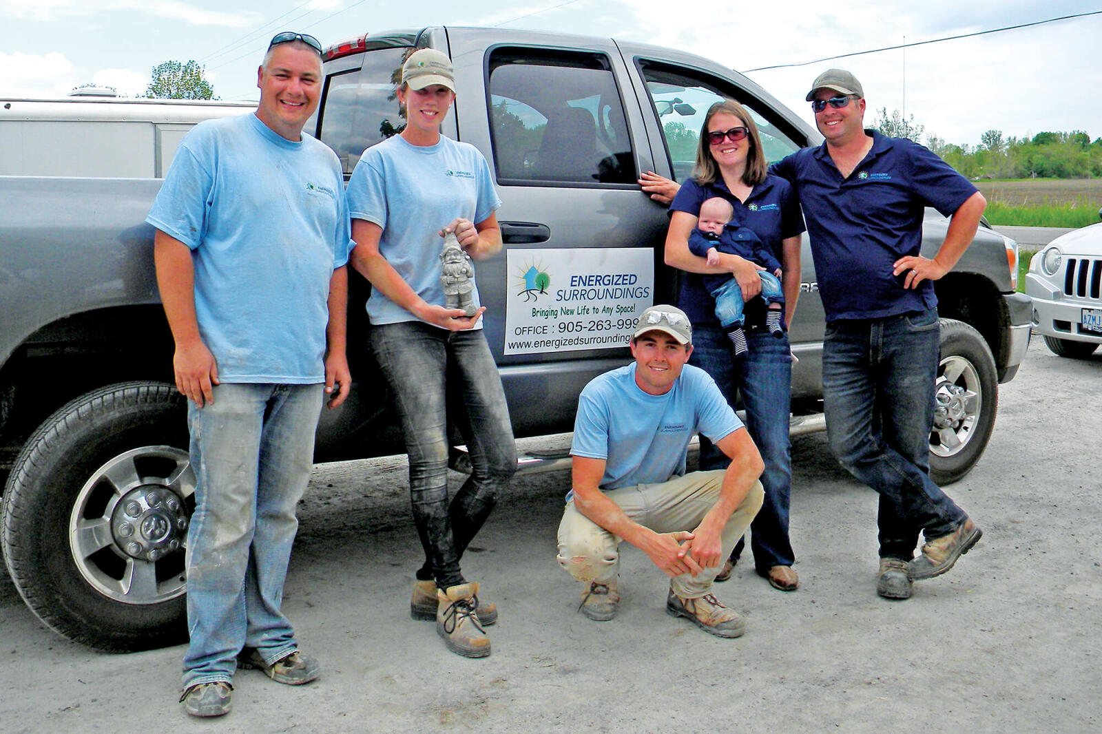 The Energized Surroundings Team. From left, Joseph Simon, Erin Thompson, Chris Beaumont, Michelle Kent, baby Nathan and Mo von Roeder.