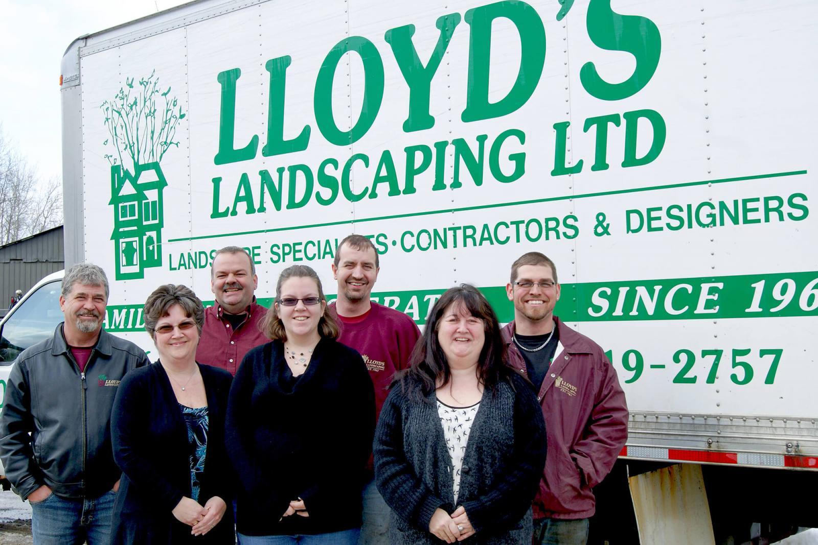 Family members who work to make Lloyd’s Landscaping a success. In front, from left, Kim Cotter, Stephanie Lemesurier and Louise Tyrrell, and in back, Paul Lloyd, Brian Cotter, Chris Lemesurier and Scott Lloyd. Absent are Rick Sr., who spends the winters in Florida, and Rick Jr.