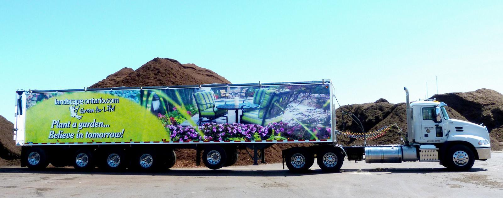 Gro-Bark shows its strong support for Landscape Ontario’s Green for Life branding with this transport trailer rolling along Ontario highways.