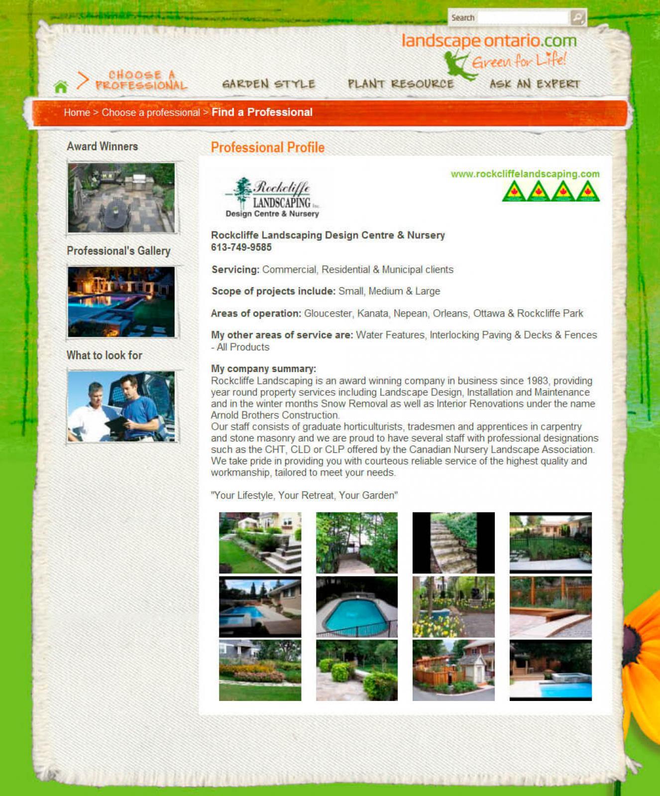 An example of how one member’s page looks on landscapeontario.com, a benifit of membership.