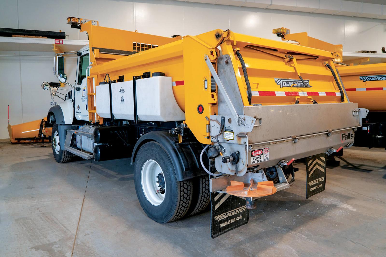 Trucks outfitted with brining equipment. This equipment allows the driver to “pre-wet” rock salt with brine before spreading it on the road. This helps the salt stick to the pavement, which improves its effectiveness and reduces the overall amount of salt needed to treat roadways for icy conditions.