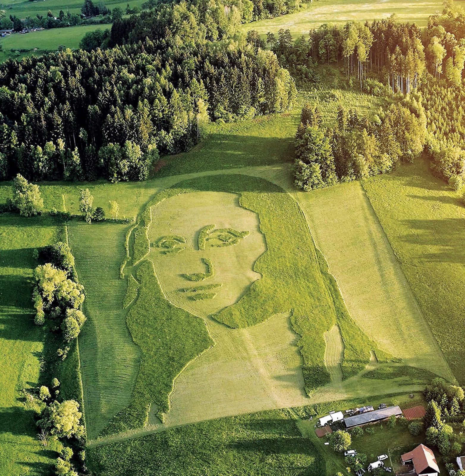 Drones helped mow a Mona Lisa portrait  on a massive grass canvas.