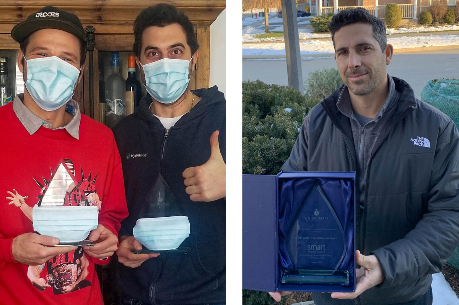 Optimal Irrigation's Paul Turzanski (far left) and president, Mike Alati proudly display their two awards. At right, Chris LeConte, owner, Smart Watering Systems shows off his award.