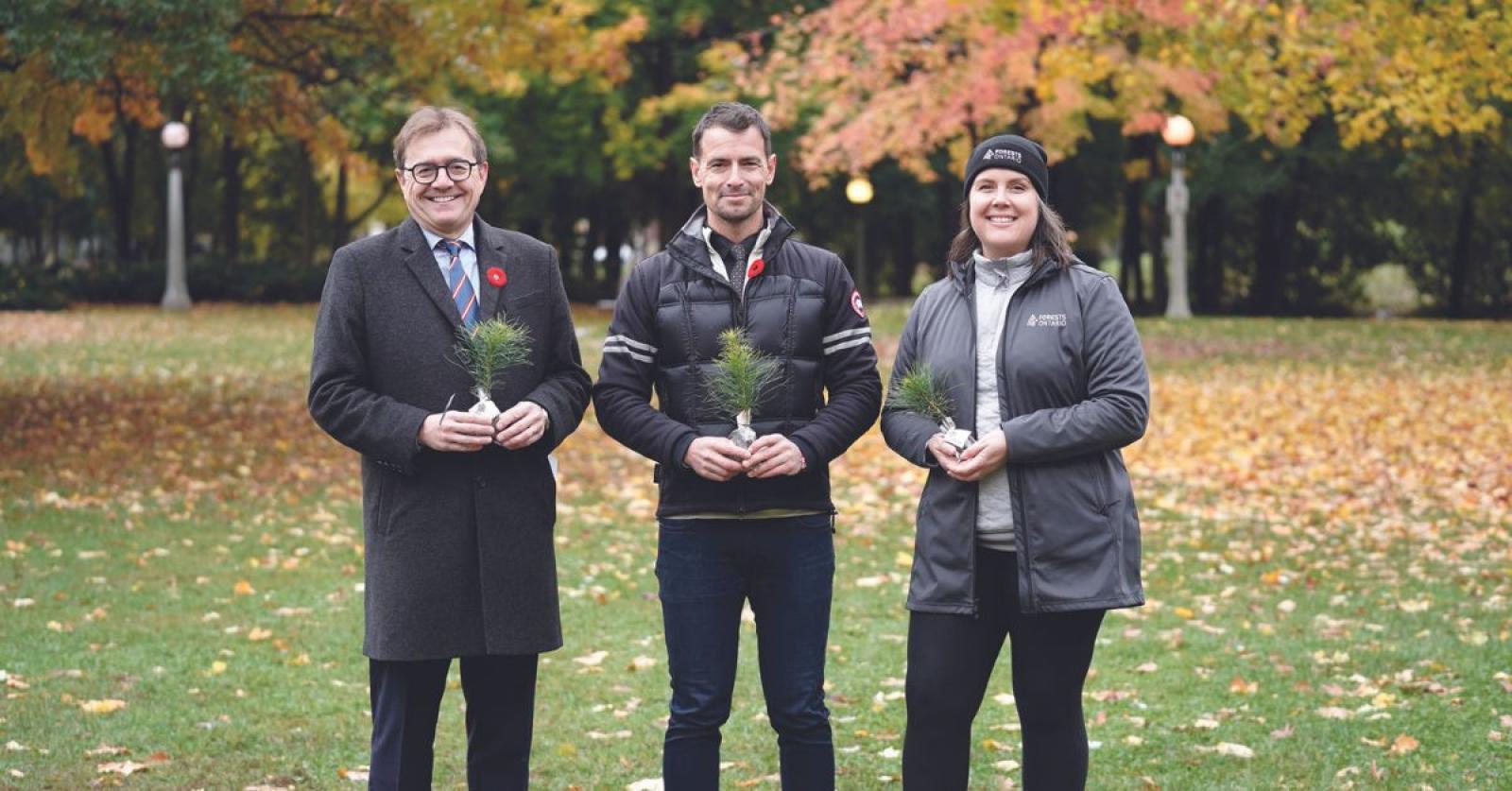 Pictured (left to right): The Honourable Jonathan Wilkinson, minister of energy and natural resources; Member of Parliament Adam van Koeverden, parliamentary secretary to the minister of environment and climate change and to the minister of sport and physical activity; and Jess Kaknevicius, CEO, Forests Ontario.