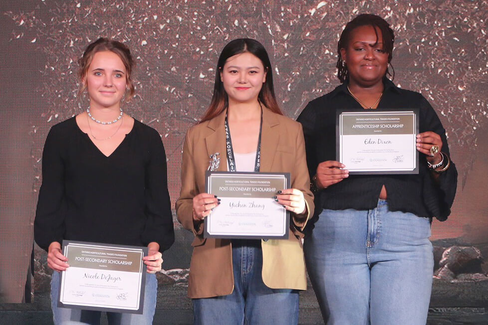 Scholarship recipients are recognized on stage at Landscape Ontario's Awards of Excellence ceremony.