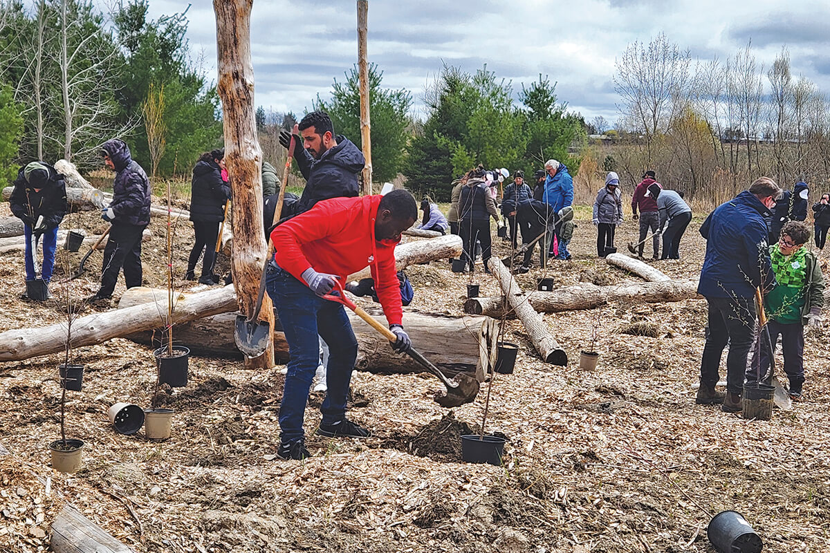 Trees for Life partnered with Conservation Halton and the Town of Milton to hold an Earth Day Celebration Event at Area 8 Conservation Area in Milton, Ont., on Apr. 26. Several Landscape Ontario staff joined local volunteers to plant 300 trees and shrubs, followed by an afternoon of activities, entertainment and food to mark the occasion.